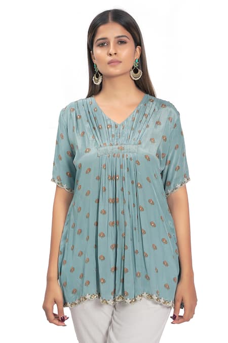 Vana Ethnics Blue Crepe, Viscose Floral, Sequin V Neck Embroidered Tunic Online at Aza Fashions Vana Ethnics_Blue Crepe, Viscose Floral, Sequin V Neck Embroidered Tunic _Online_at_Aza_Fashions