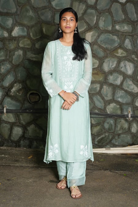 Pants And Pajamas_Blue Cotton, , Felt Aqua Chikankari Kurta Pant And Dupatta - Set Of 3 _Online_at_Aza_Fashions