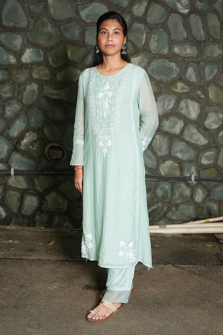 Buy_Pants And Pajamas_Blue Cotton, , Felt Aqua Chikankari Kurta Pant And Dupatta - Set Of 3 _Online_at_Aza_Fashions