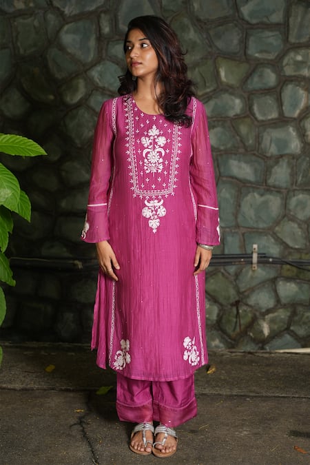 Buy_Pants And Pajamas_Pink Cotton, Silk, Felt Berry Floral Motif Kurta Pant And Dupatta - Set Of 3 _Online_at_Aza_Fashions