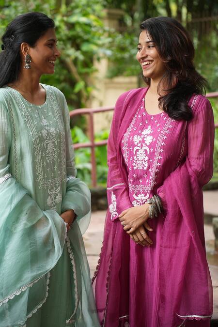 Pants And Pajamas_Pink Cotton, Silk, Felt Berry Floral Motif Kurta Pant And Dupatta - Set Of 3 _at_Aza_Fashions