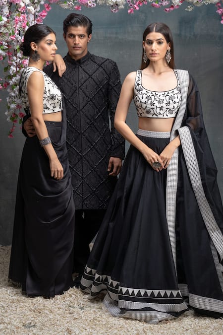 Buy_Sanjev Marwaaha_Ivory Chanderi, Cotton, Silk Embroidery Scoop Neck Border Printed Lehenga Set_Online_at_Aza_Fashions