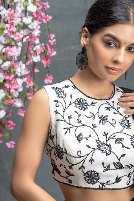 Buy_Sanjev Marwaaha_Ivory Modal And Cotton Silk Embroidery Pre-draped Saree With Floral Blouse_Online_at_Aza_Fashions