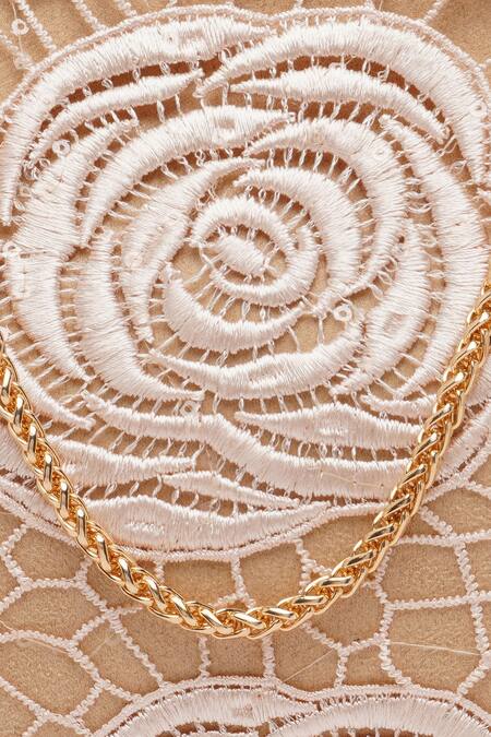 Richa Gupta_Beige Embroidery Floral Lace Clutch With Sling _at_Aza_Fashions