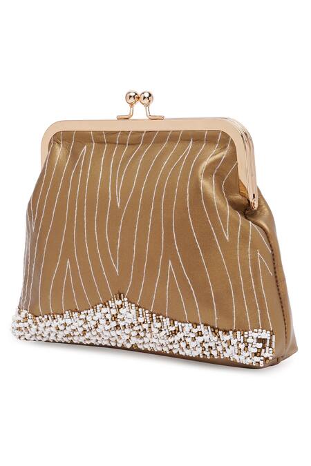 Shop_Richa Gupta_Gold Embroidery, Beads Work Clutch With Sling _Online_at_Aza_Fashions
