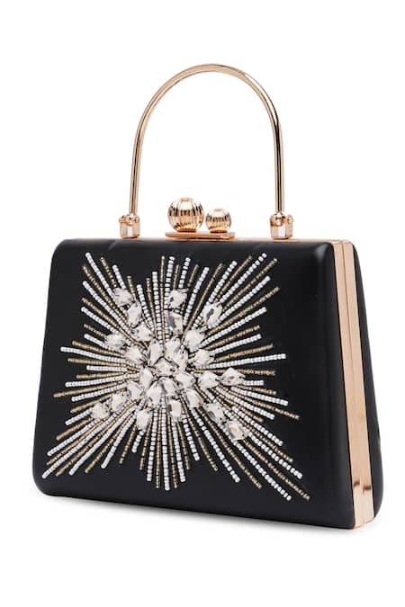 Shop_Richa Gupta_Black Embroidery Stone Embellished Clutch With Sling_Online_at_Aza_Fashions