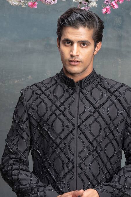 Shop Sanjev Marwaaha Black Cotton, Silk Crystals Embellished Jacket Kurta Set Online at Aza Fashions Shop_Sanjev Marwaaha_Black Cotton, Silk Crystals Embellished Jacket Kurta Set_Online_at_Aza_Fashions