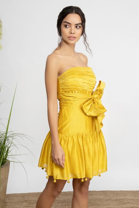Amrta By Guneet Kondal_Yellow Cotton, Silk Bows Sash Tie Detailed Dress _Online_at_Aza_Fashions
