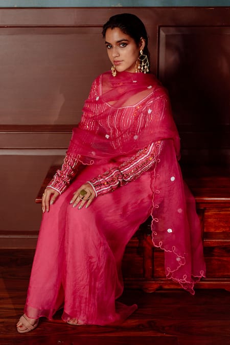 LAHARIO_Pink , Organza Sequins, Stones Embellished Blouse Flared Pant Set _at_Aza_Fashions