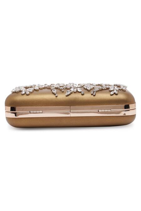Shop_Richa Gupta_Gold Rhinestones, Crystals Embellished Clutch With Sling 