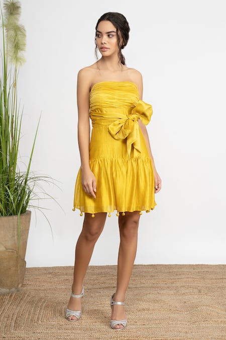 Shop_Amrta By Guneet Kondal_Yellow Cotton, Silk Bows Sash Tie Detailed Dress _Online_at_Aza_Fashions