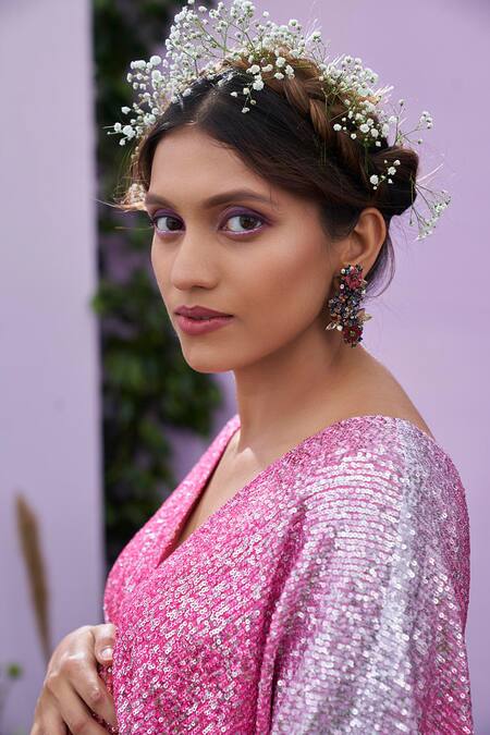 Buy_Pooja Bagaria_Pink Spandex, Net Sequins V-neck Embellished Kaftan_Online_at_Aza_Fashions