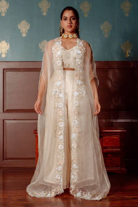 LAHARIO_Ivory , Organza Pearls, Sequins, Diamonds Embroidered Blouse Jacket Set _Online_at_Aza_Fashions