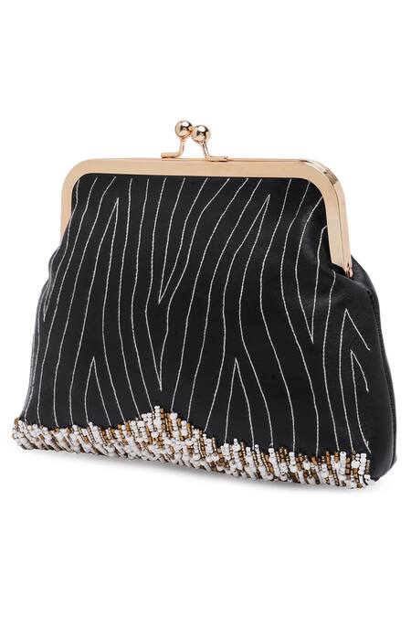 Shop_Richa Gupta_Black Embroidery Bead Work Clutch With Sling_Online_at_Aza_Fashions