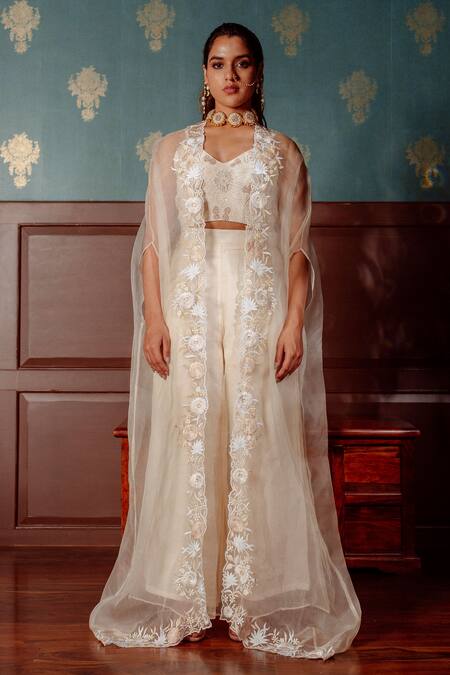 Buy_LAHARIO_Ivory , Organza Pearls, Sequins, Diamonds Embroidered Blouse Jacket Set _Online_at_Aza_Fashions