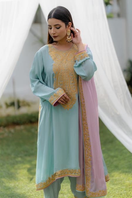 Daljit Sudan Blue Phiran Kurta And Pant Crepe & Dupatta Floral Embroidered Yoke Set Online at Aza Fashions Daljit Sudan_Blue Phiran Kurta And Pant Crepe & Dupatta Floral Embroidered Yoke Set _Online_at_Aza_Fashions