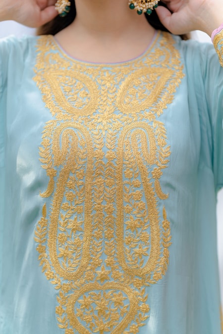 Buy Daljit Sudan Blue Phiran Kurta And Pant Crepe & Dupatta Floral Embroidered Yoke Set Online at Aza Fashions Buy_Daljit Sudan_Blue Phiran Kurta And Pant Crepe & Dupatta Floral Embroidered Yoke Set _Online_at_Aza_Fashions