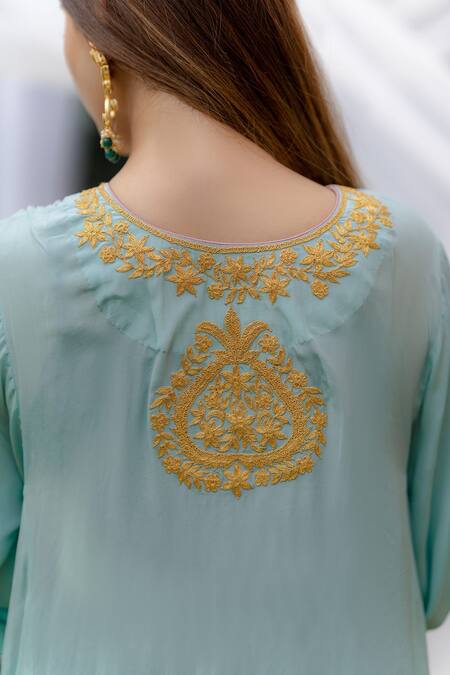 Shop Daljit Sudan Blue Phiran Kurta And Pant Crepe & Dupatta Floral Embroidered Yoke Set Online at Aza Fashions Shop_Daljit Sudan_Blue Phiran Kurta And Pant Crepe & Dupatta Floral Embroidered Yoke Set _Online_at_Aza_Fashions