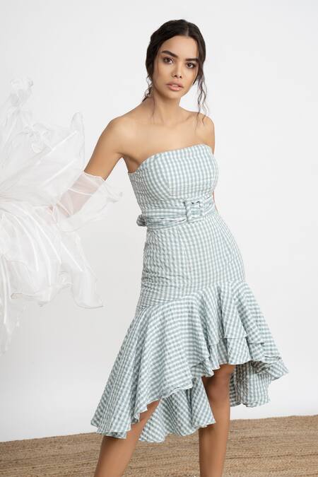 Amrta By Guneet Kondal_Blue Cotton Off-shoulder Capri Summer Tube Dress _Online_at_Aza_Fashions