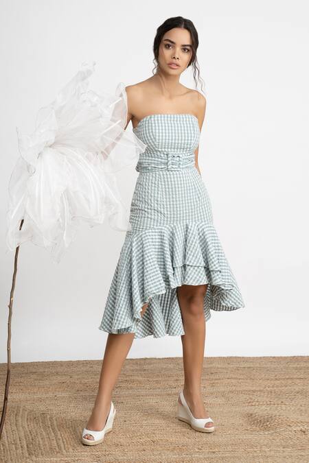 Shop_Amrta By Guneet Kondal_Blue Cotton Off-shoulder Capri Summer Tube Dress _Online_at_Aza_Fashions