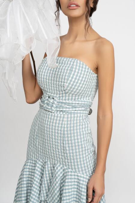 Amrta By Guneet Kondal_Blue Cotton Off-shoulder Capri Summer Tube Dress _at_Aza_Fashions