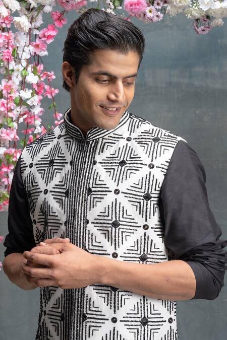 Shop Sanjev Marwaaha Ivory Cotton, Silk Crystals Geometric Embroidered Bundi Kurta Set Online at Aza Fashions Shop_Sanjev Marwaaha_Ivory Cotton, Silk Crystals Geometric Embroidered Bundi Kurta Set_Online_at_Aza_Fashions