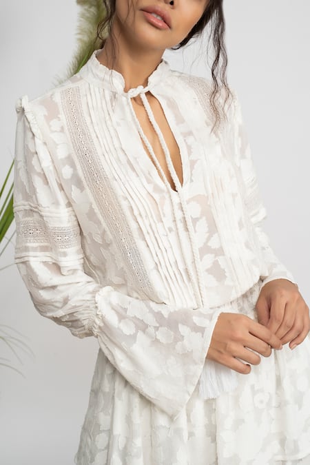 Shop_Amrta By Guneet Kondal_Ivory Georgette Lace Bandeau Neck Floral Pattern Dress_Online_at_Aza_Fashions