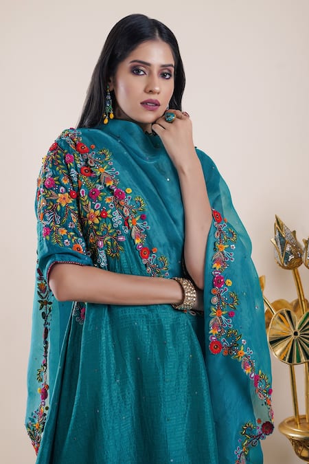 Shop Bhusattva Green Silk, Cotton, Organza Embroidery, Beads Round Neck Placement Kurta Set Online at Aza Fashions Shop_Bhusattva_Green Silk, Cotton, Organza Embroidery, Beads Round Neck Placement Kurta Set _Online_at_Aza_Fashions