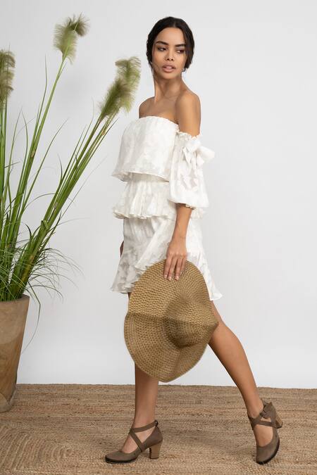 Amrta By Guneet Kondal Ivory Georgette, Viscose Smocking One Shoulder Tiered Off Mini Dress Online at Aza Fashions Amrta By Guneet Kondal_Ivory Georgette, Viscose Smocking One Shoulder Tiered Off Mini Dress _Online_at_Aza_Fashions