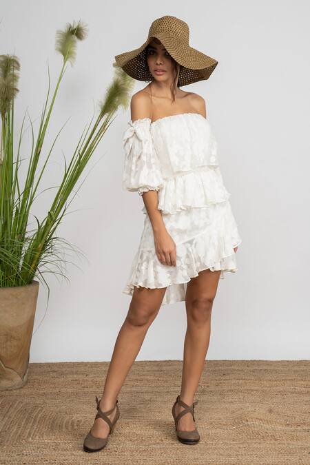Buy Amrta By Guneet Kondal Ivory Georgette, Viscose Smocking One Shoulder Tiered Off Mini Dress Online at Aza Fashions Buy_Amrta By Guneet Kondal_Ivory Georgette, Viscose Smocking One Shoulder Tiered Off Mini Dress _Online_at_Aza_Fashions