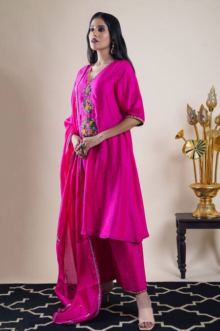 Bhusattva Pink Cotton, Silk Sequins, Beads, Embroidery, Gota Patti Placket Kurta Set Online at Aza Fashions Bhusattva_Pink Cotton, Silk Sequins, Beads, Embroidery, Gota Patti Placket Kurta Set _Online_at_Aza_Fashions