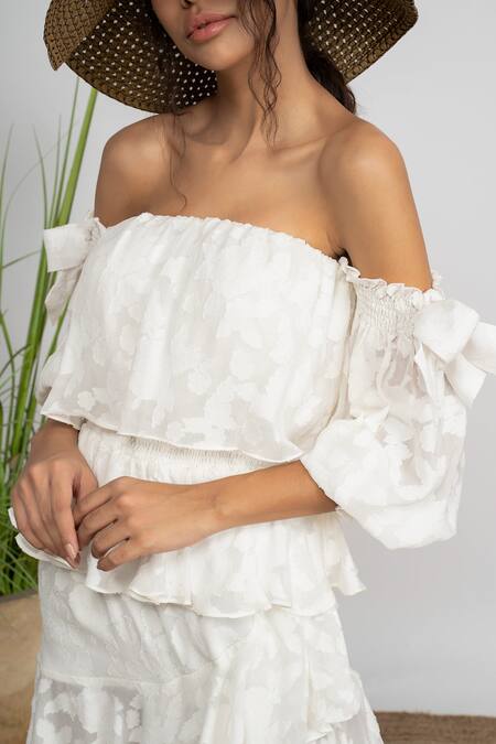 Shop Amrta By Guneet Kondal Ivory Georgette, Viscose Smocking One Shoulder Tiered Off Mini Dress Online at Aza Fashions Shop_Amrta By Guneet Kondal_Ivory Georgette, Viscose Smocking One Shoulder Tiered Off Mini Dress _Online_at_Aza_Fashions