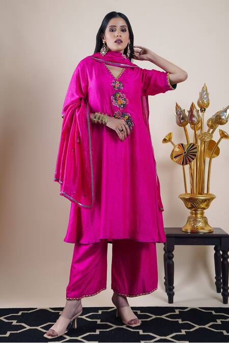 Shop Bhusattva Pink Cotton, Silk Sequins, Beads, Embroidery, Gota Patti Placket Kurta Set Online at Aza Fashions Shop_Bhusattva_Pink Cotton, Silk Sequins, Beads, Embroidery, Gota Patti Placket Kurta Set _Online_at_Aza_Fashions