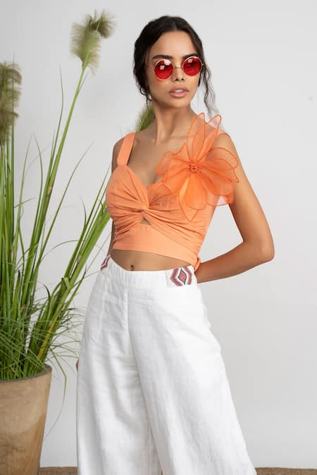 Amrta By Guneet Kondal_Coral Viscose, Organza, Linen Beads, Santiago 3d Ornamented Top And Pant Set _Online_at_Aza_Fashions