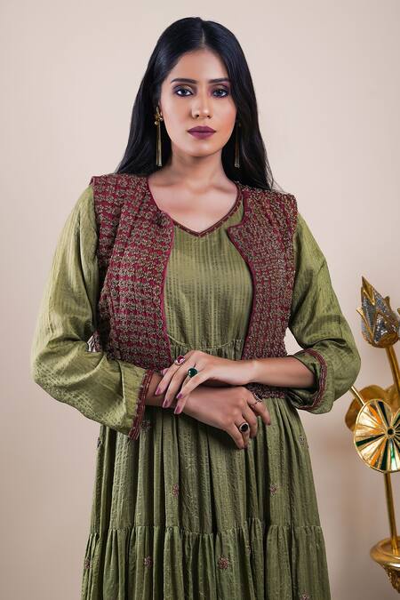 Bhusattva Green Organic Silk Embroidery Floral Dress V Tiered With Jacket Online at Aza Fashions Bhusattva_Green Organic Silk Embroidery Floral Dress V Tiered With Jacket _Online_at_Aza_Fashions