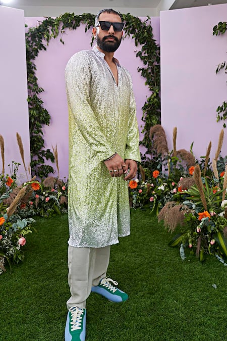 Pooja Bagaria Yellow Spandex, Crepe Sequins Embellished Kurta With Pant Online at Aza Fashions Pooja Bagaria_Yellow Spandex, Crepe Sequins Embellished Kurta With Pant _Online_at_Aza_Fashions