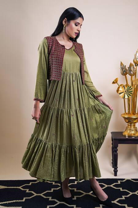 Buy Bhusattva Green Organic Silk Embroidery Floral Dress V Tiered With Jacket Online at Aza Fashions Buy_Bhusattva_Green Organic Silk Embroidery Floral Dress V Tiered With Jacket _Online_at_Aza_Fashions
