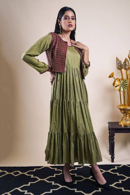 Shop Bhusattva Green Organic Silk Embroidery Floral Dress V Tiered With Jacket Online at Aza Fashions Shop_Bhusattva_Green Organic Silk Embroidery Floral Dress V Tiered With Jacket _Online_at_Aza_Fashions