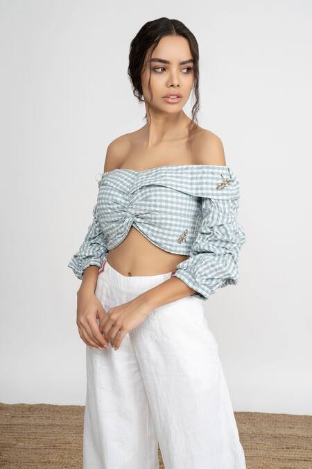 Amrta By Guneet Kondal_Blue Cotton, Linen Beads Off-shoulder Off Top And Pant Set _Online_at_Aza_Fashions