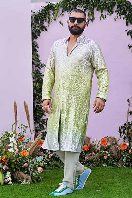 Buy Pooja Bagaria Yellow Spandex, Crepe Sequins Embellished Kurta With Pant Online at Aza Fashions Buy_Pooja Bagaria_Yellow Spandex, Crepe Sequins Embellished Kurta With Pant _Online_at_Aza_Fashions