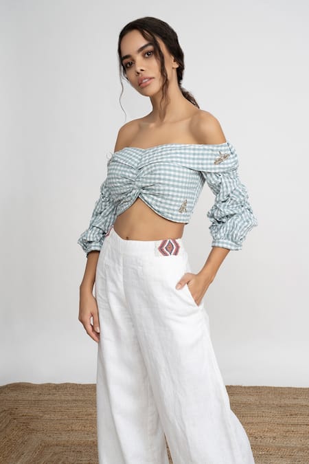 Buy_Amrta By Guneet Kondal_Blue Cotton, Linen Beads Off-shoulder Off Top And Pant Set _Online_at_Aza_Fashions