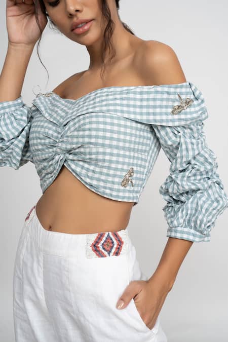 Shop_Amrta By Guneet Kondal_Blue Cotton, Linen Beads Off-shoulder Off Top And Pant Set _Online_at_Aza_Fashions