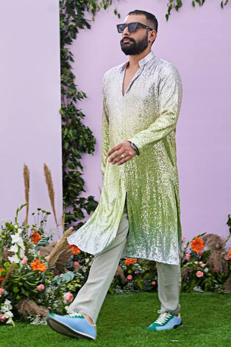 Shop Pooja Bagaria Yellow Spandex, Crepe Sequins Embellished Kurta With Pant Online at Aza Fashions Shop_Pooja Bagaria_Yellow Spandex, Crepe Sequins Embellished Kurta With Pant _Online_at_Aza_Fashions