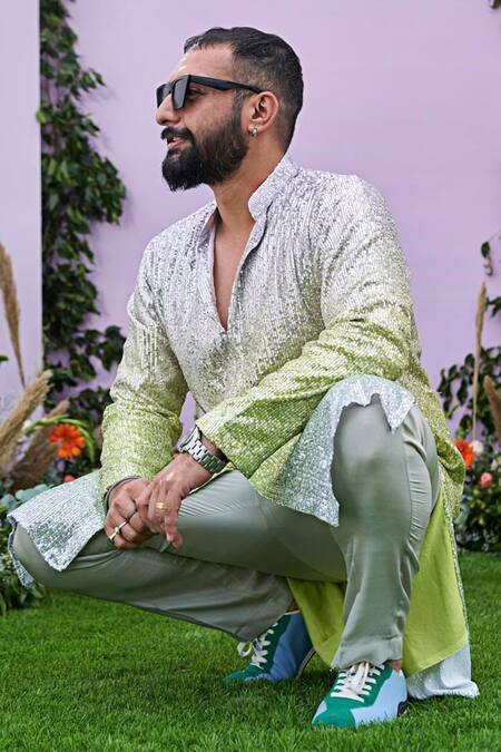 Pooja Bagaria Yellow Spandex, Crepe Sequins Embellished Kurta With Pant at Aza Fashions Pooja Bagaria_Yellow Spandex, Crepe Sequins Embellished Kurta With Pant _at_Aza_Fashions