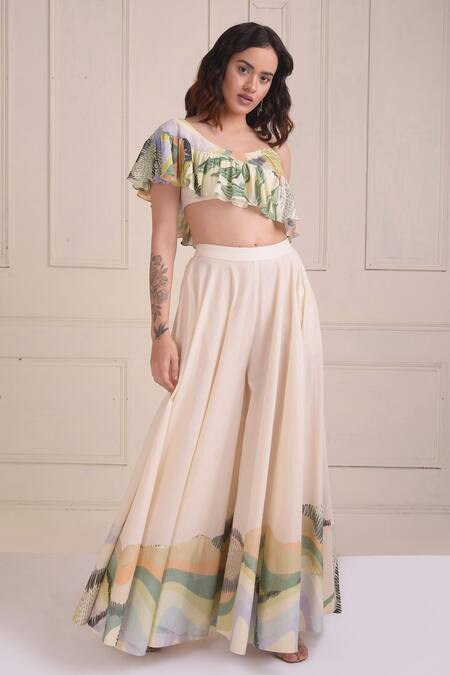 Shwetanga_Ivory Cotton One Shoulder Placement Print Organic Lehenga Set _Online_at_Aza_Fashions