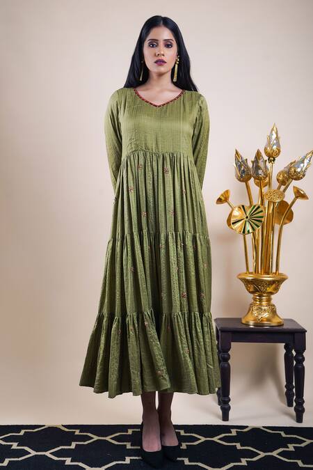 Bhusattva Green Organic Silk Embroidery Floral Dress V Tiered With Jacket at Aza Fashions Bhusattva_Green Organic Silk Embroidery Floral Dress V Tiered With Jacket _at_Aza_Fashions