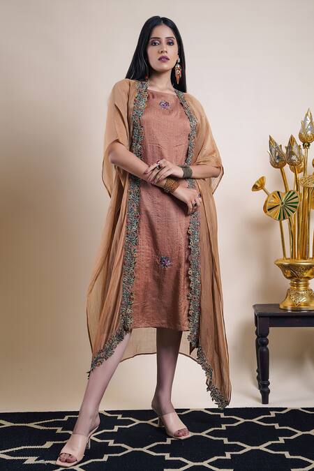 Bhusattva Beige Dress Organic Silk Embroidery Floral Stripe Pattern With Cape Online at Aza Fashions Bhusattva_Beige Dress Organic Silk Embroidery Floral Stripe Pattern With Cape _Online_at_Aza_Fashions