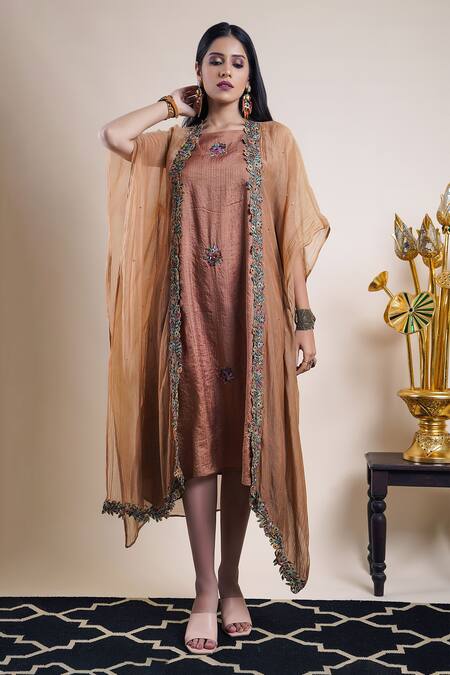 Buy Bhusattva Beige Dress Organic Silk Embroidery Floral Stripe Pattern With Cape Online at Aza Fashions Buy_Bhusattva_Beige Dress Organic Silk Embroidery Floral Stripe Pattern With Cape _Online_at_Aza_Fashions