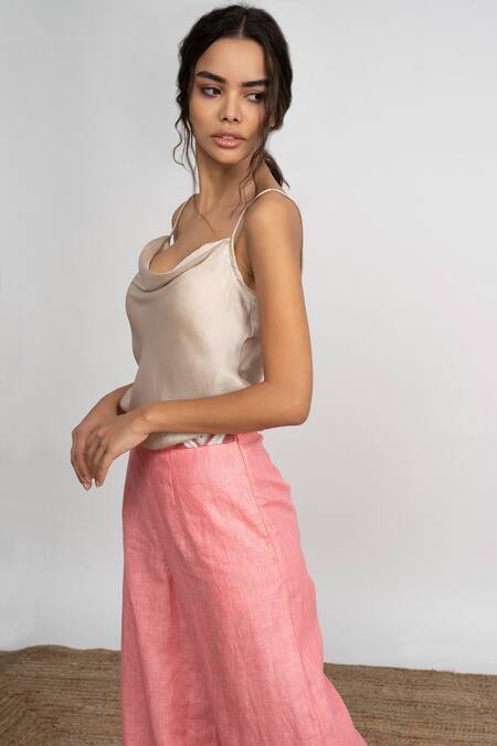 Shop Amrta By Guneet Kondal Coral Viscose, Linen Beads Cowl Neck Pasabagi Top And Flared Hem Pant Set Online at Aza Fashions Shop_Amrta By Guneet Kondal_Coral Viscose, Linen Beads Cowl Neck Pasabagi Top And Flared Hem Pant Set_Online_at_Aza_Fashions