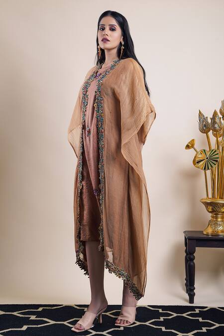 Shop Bhusattva Beige Dress Organic Silk Embroidery Floral Stripe Pattern With Cape Online at Aza Fashions Shop_Bhusattva_Beige Dress Organic Silk Embroidery Floral Stripe Pattern With Cape _Online_at_Aza_Fashions